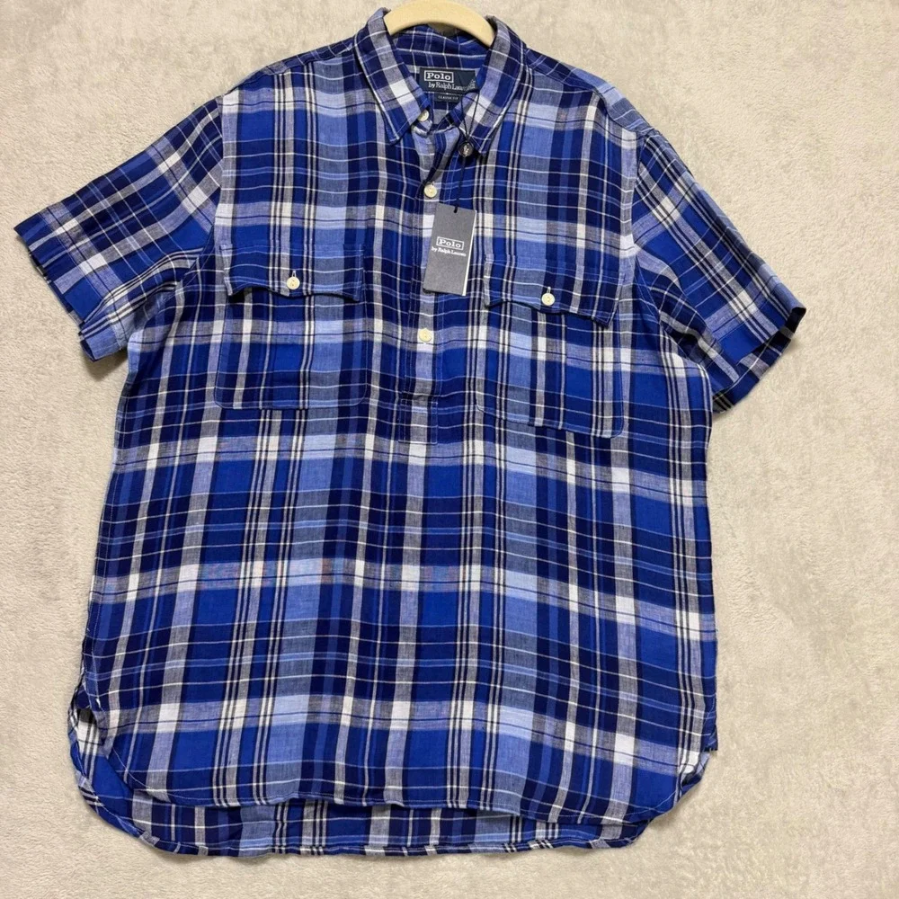 Polo Ralph Lauren Button Down Shirt Mens Medium Blue Plaid Linen Classic Fit